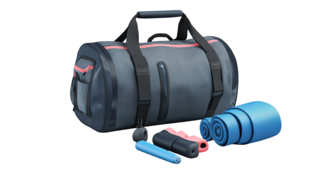 A versatile gym bag with yoga mats and fitness gear on a transparent background suitable for various activities.