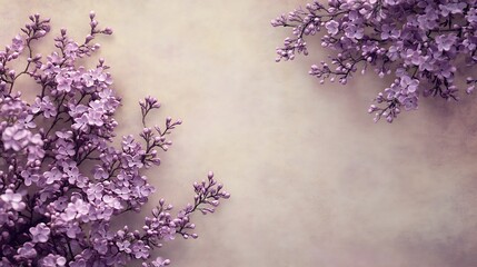 Obraz premium Delicately placed purple blooms on textured background photo wide shot mockup. AI Generated