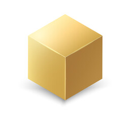 3d gold metallic cube. Realistic vector geometric shape. Golden glossy box with shadow