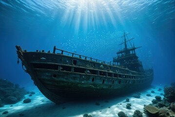 A majestic shipwreck rests on the ocean floor, bathed in a beam of sunlight, with fish swimming around.