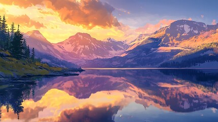 Fototapeta premium A peaceful mountain lake with the golden glow of a setting sun casting long shadows, creating a perfect mirror-like reflection of the rugged mountains and colorful sky 