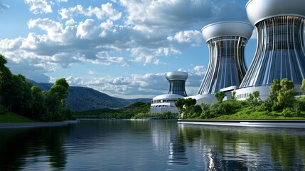 Futuristic nuclear plant with cooling towers of a nuclear power plant located next to water, symbolizing atomic energy. Nuclear energy and its impact on sustainability and the environment.