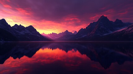 Fototapeta premium A panoramic view of a mountain lake at sunset, with rich reds and purples of the sky mirrored in the water, and the peaks casting long shadows on the calm surface 