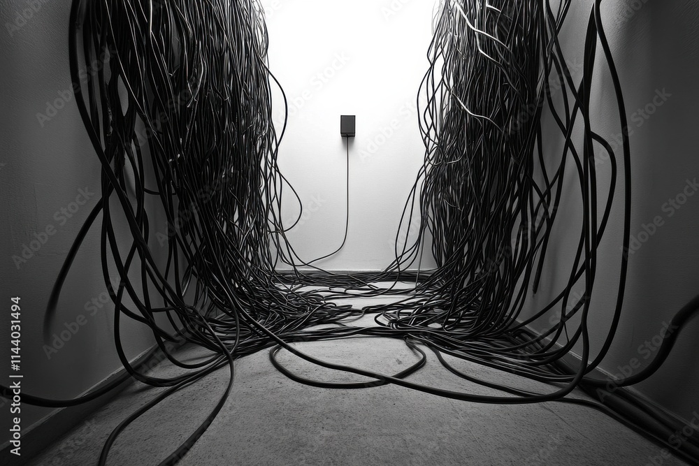 Poster tangle of black cables leading to a wall socket in a minimalist space with dramatic lighting creatin