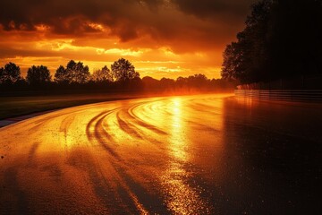 Wet race track at sunset, tire marks visible. Perfect for themes of speed, competition, and dramatic landscapes.