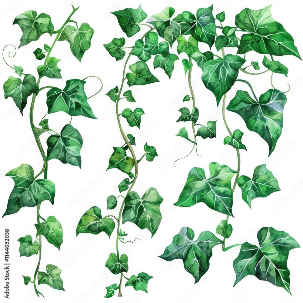 Wall mural Vine Illustrations. Realistic Detailed Botanical Collection of Liana Leaves in Watercolor. Green Climbing Plants Clip Art