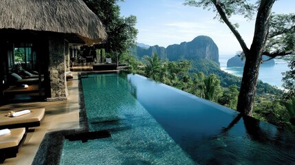 Infinity pool overlooking a tropical ocean and mountainscape from a luxury villa.