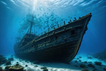 A majestic shipwreck rests on the ocean floor, bathed in a beam of sunlight, with fish swimming around.