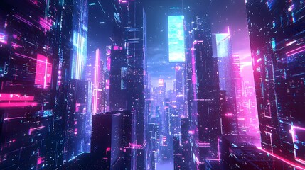 Digital City Illustration with Neon Lighting and Space Themes