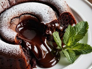 Detailed view of a chocolate lava cake, with molten chocolate oozing out and powdered sugar dusted on top, paired with fresh mint leaves.