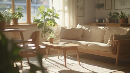 Sunlit living room with beige sofa, wooden coffee table, and houseplants.