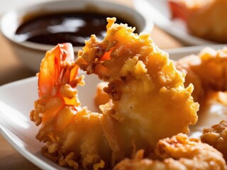 Close-up of a golden fried tempura shrimp, with the crispy, flaky batter texture and a dipping sauce bowl blurred in the background