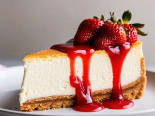 Close-up of a slice of cheesecake, showing the velvety cream cheese layer, golden graham cracker crust, and glossy strawberry sauce dripping down the side