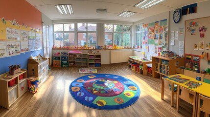 Bright, colorful preschool classroom with toys & learning materials. Ideal for education, childcare, or back-to-school themes.