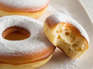 Macro image of a fluffy powdered sugar donut, focusing on the soft, airy texture and a bite taken out to reveal its sweet center.