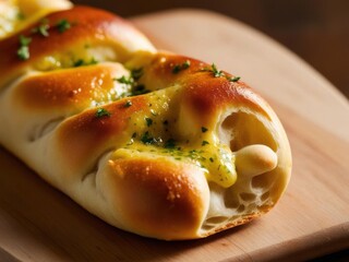 Extreme close-up of a garlic breadstick, showcasing the golden crust with melted garlic butter and sprinkles of parsley.