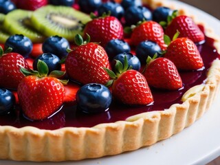 Macro shot of a fruit tartlet, highlighting the shiny glaze on fresh raspberries, blueberries, and blackberries atop a bed of smooth vanilla custard.