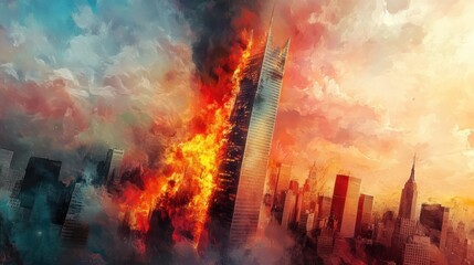 Obraz premium A towering skyscraper engulfed in flames rises against a dramatic skyline. The orange and red flames illuminate the cloud-filled sky, creating an intense scene of urban chaos.