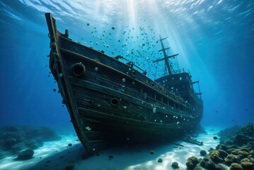 A majestic shipwreck rests on the ocean floor, bathed in a beam of sunlight, with fish swimming around.