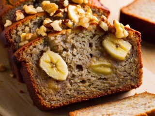 Detailed macro of a slice of banana bread, with visible banana chunks, moist texture, and chopped walnuts on the crust.