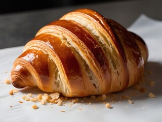 Macro image of a flaky croissant, showing the buttery layers, golden crisp exterior, and delicate crumbs scattered around.