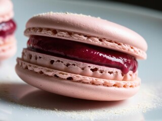 Macro shot of a delicate macaron with a smooth, pastel-pink shell, filled with creamy raspberry ganache, and fine almond powder dusted on top