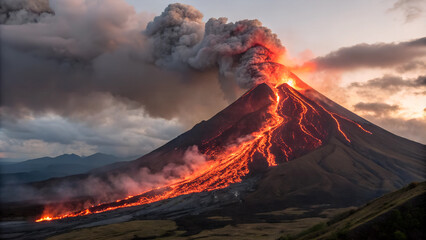 the active phase of the volcanic eruption, the top is covered with red-hot lava flowing down. gas and dust rise into the sky