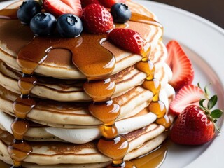Close-up of a colorful stack of pancakes, drizzled with golden maple syrup and topped with fresh blueberries, strawberries, and whipped cream