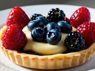 Macro shot of a fruit tartlet, highlighting the shiny glaze on fresh raspberries, blueberries, and blackberries atop a bed of smooth vanilla custard.