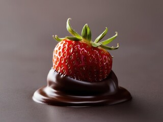 Macro shot of a vibrant strawberry dipped halfway in glossy melted chocolate, with the texture of the fruit seeds visible