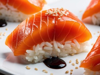 Detailed macro view of sushi: fresh salmon sashimi with glistening rice grains, garnished with sesame seeds and a drop of soy sauce