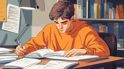 A young Caucasian male student in an orange hoodie deeply engaged in studying at a well-organized desk.