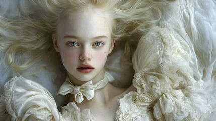 Fototapeta premium Ethereal portrait of a young woman in soft fabric.