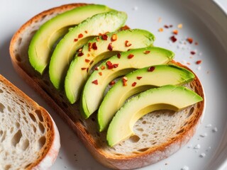 Detailed macro shot of creamy avocado slices on toasted sourdough bread, topped with a sprinkle of chili flakes and sea salt