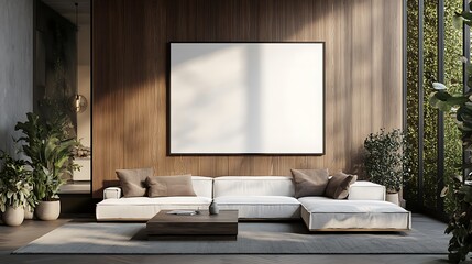 Blank Canvas Mockup Sits Calmly in Wide Shot Photo of Modern Living Room. AI Generated