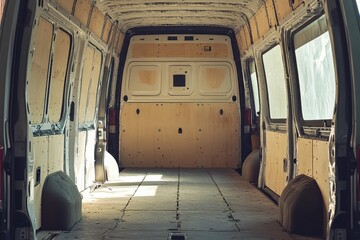 Empty van interior with plywood walls. Perfect for showcasing van conversions or DIY projects.