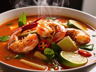 Close-up of a steaming bowl of Tom Yum soup, showcasing fresh prawns, red chili slices, lime wedges, and herbs floating in a rich, spicy broth.