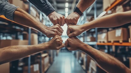 Teamwork in a Warehouse: Hands Coming Together to Celebrate. This Image Shows Unity and Collaboration in a Busy Environment, Illustrating Team Spirit and Cooperation.