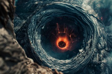 Stunning aerial view of a volcanic eruption with lava flowing vividly from the crater below