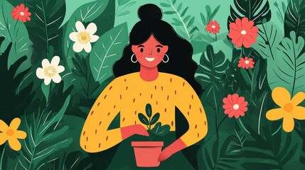Personal Goals. A woman planting a small plant surrounded by vibrant foliage and flowers.