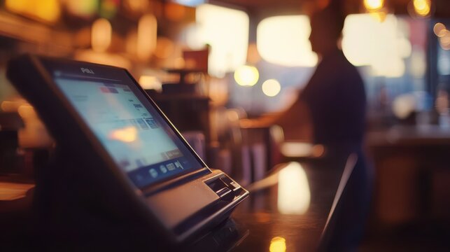 Cozy cafe scene with modern payment terminal, warm lighting, and silhouette of a customer. Enjoy the atmosphere of a busy coffee shop with great technology.