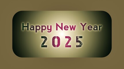 Happy new year 2025 colorful greeting card with light in dark background with olive color border line