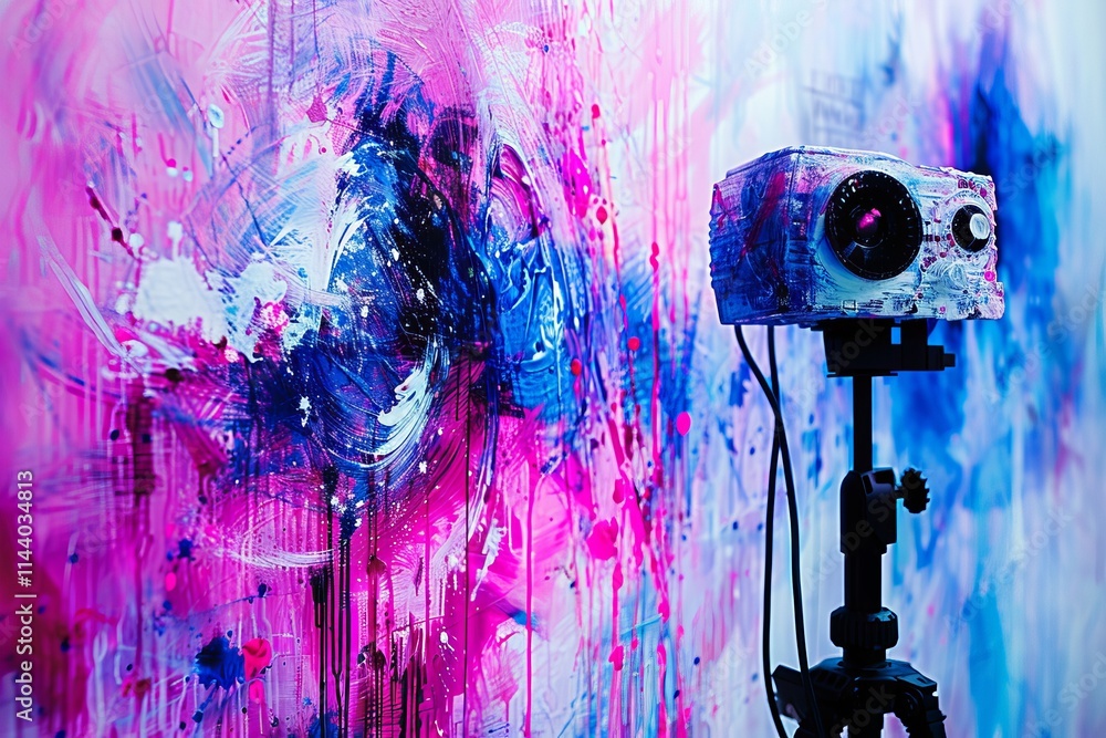 Aufkleber robot crafting abstract art on large canvas with blurred background and space for text