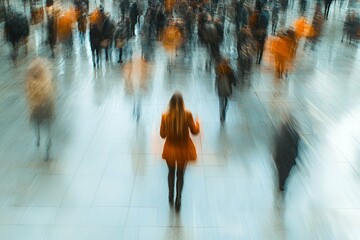 Fototapeta premium Blurred crowd of people walking in a busy space with one focused figure in orange coat