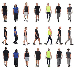 front side os back view of a large group of men dressed in sportswear on white background