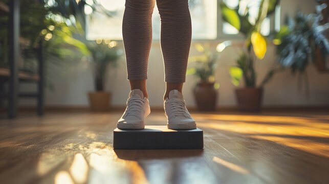 Person performing step exercise on wooden floor with focus on balance and movement, fitness and agility training concept.