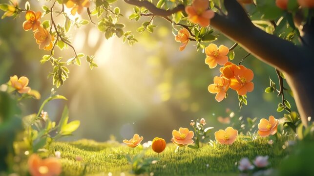 Spring sun illuminates apricot blooms.