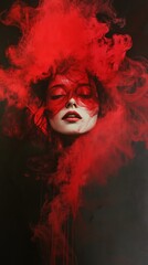 Fototapeta premium Woman emerges dramatically from swirling bright red smoke photo.. AI Generated