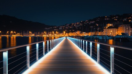 Obraz premium A brightly lit pier extends into a serene night waterfront.