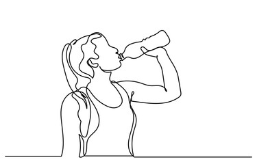 One continuous line drawing of a young woman drinking water from a bottle. line-art sporty Girl drinking water. Healthy life habits of people, health benefit dehydration prevention concept vector.